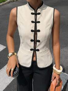 Siren Gaze Women's Beige Frog Button Contrast Trim Textured Vest,Chinese Knot Button,Casual Elegant, Frog Closures Tea Party Brunch Business Four Seasons Autumn - Multicolor - View 9