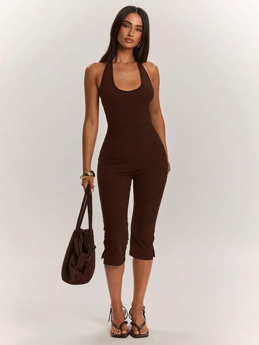 SHEIN BAE جمبسوت نسائي بلون موحد كاجوال برقبة هالتر وطول كابري - قهوة بني - مشاهدة 1