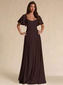 SHEIN BAE Spring/Summer Solid Apricot Square Neck Ruffle Sleeve A-Line Flare Maxi Dress - Coffee Brown - View 4