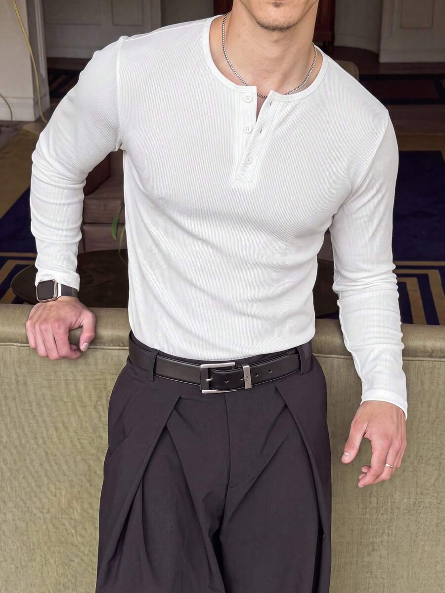 Manfinity BRENVOR 男士休閒百搭白色長袖T恤 - 白色 - 查看 1