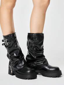 ROMWE Ladies Black Diablo Rock Punk Goth Boots Over The Knee Boots, Fashion Lace-Up Platform Heel Women's Boots, Spring Shoes, Spring Break, Easter, Christm - Belt buckle boots black - View 4