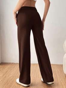 SHEIN EZwear 女款純色直筒西裝長褲 秋冬款 - 棕色 - 查看 2