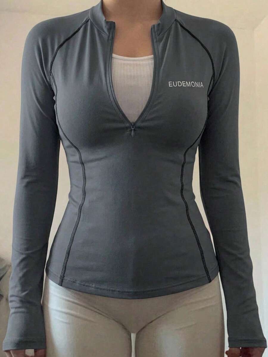 DAZY Half Turtleneck Letter Print Stitching Half Placket Close-Fitting Long Sleeve Women's T-Shirt,Fall Clothes - Grey - View 1