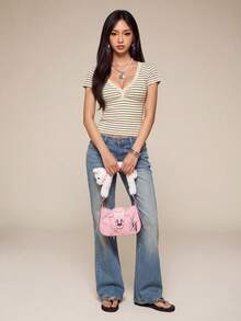 Rina Fox Nouveau T-shirt court à manches courtes pour femmes, col V en dentelle avec imprimé rayé rose, doux et mignon. T-shirt casual rose à volants avec imprimé rayé, adapté pour le quotidien, la promenade en extérieur, les courses - Jaune d'oie - Voir 3