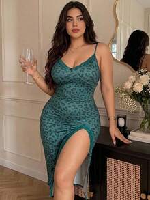 Dazy Plus Charming Leopard Print Lace Trim Sexy Backless Fitted Slit Design Cami Nightgown Fall - Dark Green - View 8
