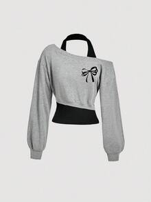 SHEIN MOD 女款 2 合 1 設計休閒運動衫，胸前蝴蝶結圖案，休閒優雅可愛時尚 - 彩色 - 查看 5
