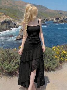 Skyraze Women's Elegant Ruched Waist Ruffle Hem Spaghetti Strap Dress - Black - View 1