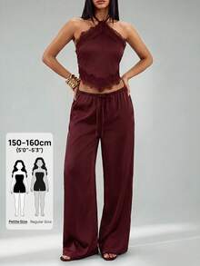 SHEIN PETITE 女款性感復古緞面對比蕾絲細肩帶上衣與低腰口袋寬腿褲套裝，夏季度假海灘夜生活約會酒紅色套裝 - 紫紅色 - 查看 4