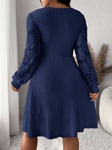 SHEIN Frenchy Plus Size Elegant Commuter Solid Color Jacquard Patchwork Dress Fall - Navy Blue - View 3