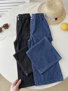 SHEIN LMoss Kids Young Girl 2件組粉色與白色牛仔寬鬆長褲女童款 - 彩色 - 查看 3