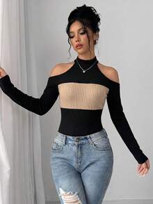 Selianne Street Fashion Open Shoulder Contrast Color Long Sleeve Bodysuit For Vacation And Travel - Black - View 7