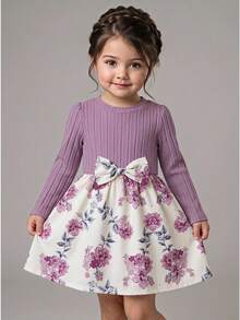 SHEIN Vintaside Kids 女嬰 A 字裙 可愛紫色花卉羅紋蝴蝶結長袖圓領 親子拍照 母女套裝 秋季公主大姊姊禮服 - 紫色 - 查看 9
