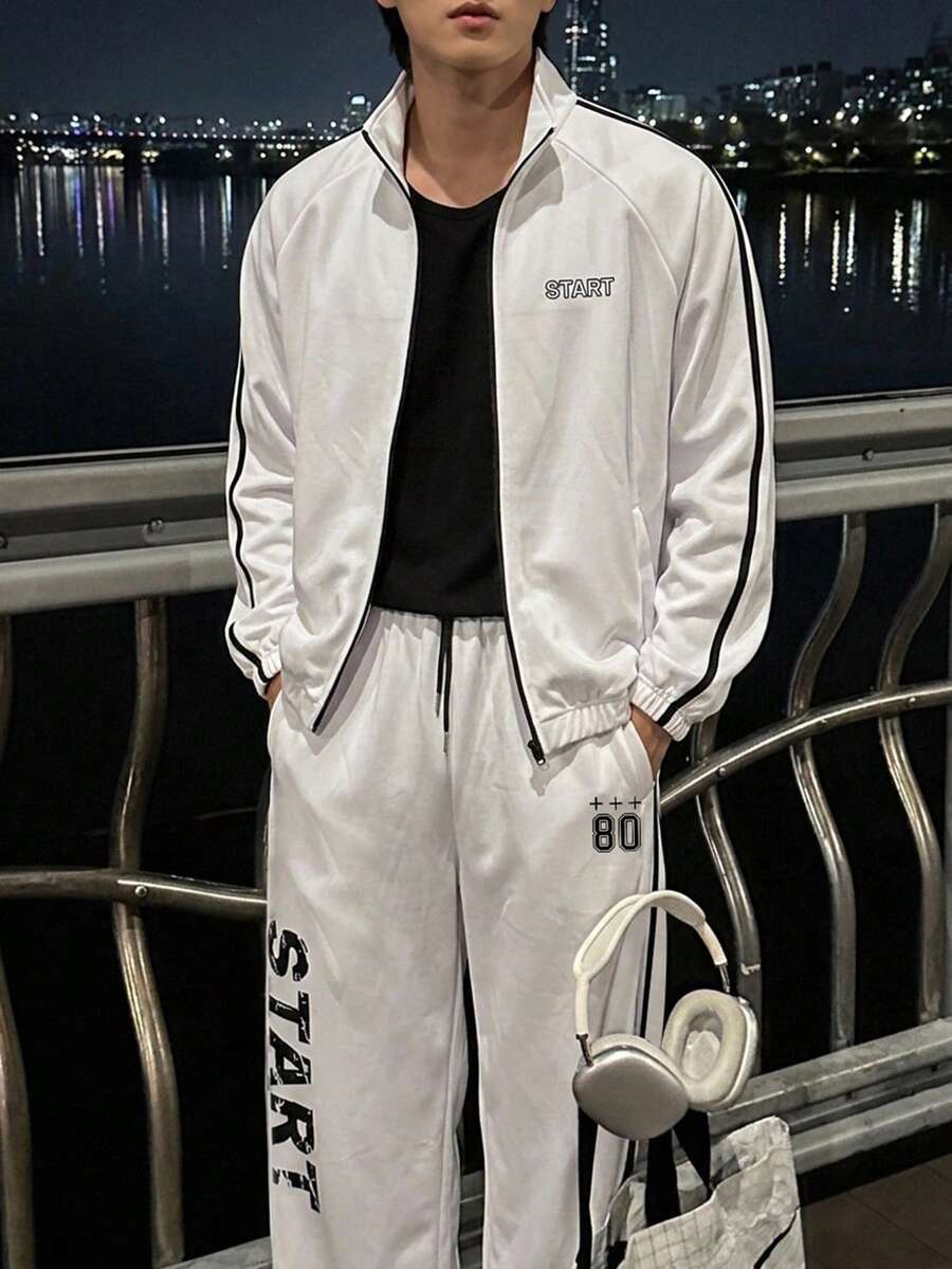 DAZY Spring/Autumn White Side-Seam Contrast Tape Letter Print Pants Elastic Waist Men's Jacket Set - White - View 1