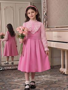 SHEIN Tween Girl Tween Girl Plaid Patchwork Pleated Casual Family Matching Cute Daily Holiday School Autumn Dress Back-To-School Pink Primary Middle Pinafore - Pink - View 6