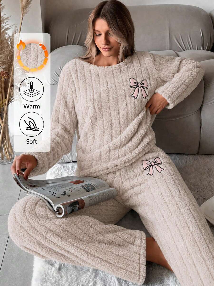 SHEIN Beige Ribbed Fuzzy Plush Pink Bow Embroidery Cozy Winter Homewear Pajama Set