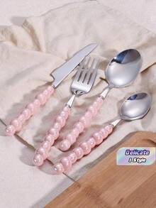 Set Peralatan Makan Stainless Steel 4 Buah dengan Hiasan Manik-Manik, Pisau, Aksesoris Dapur, Hadiah Natal, Perlengkapan Sekolah - Berwarna merah muda - View 2