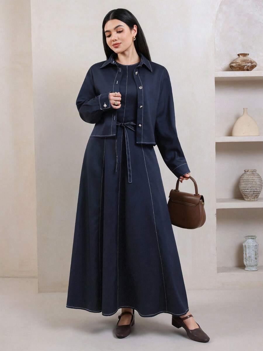 Veilorie Women's Shirt Dress Arabic Costume Set - Dark Wash - View 1
