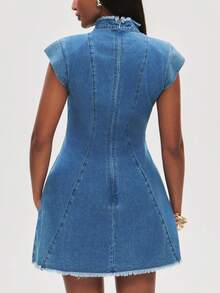 NYA SZN Women's Stand Collar Cap Sleeve Frayed Hem Casual Denim Dress - Medium Wash - View 2