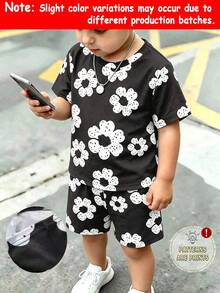 2件套男婴休闲创意简约黑色底白色小碎花印花短袖T恤和短裤套装，舒适日常穿着，适合春夏季节。 - 彩色 - 查看 1
