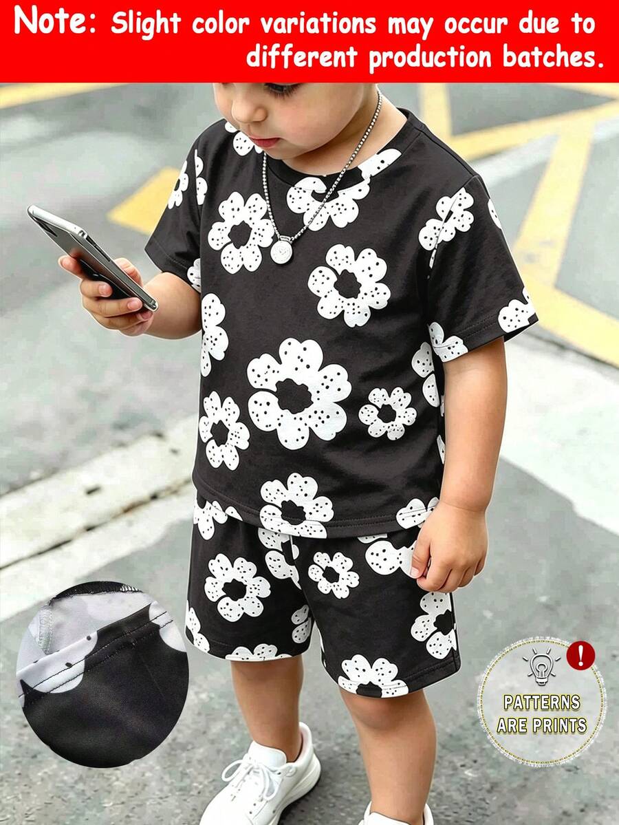2件套男婴休闲创意简约黑色底白色小碎花印花短袖T恤和短裤套装，舒适日常穿着，适合春夏季节。 - 彩色 - 查看 1
