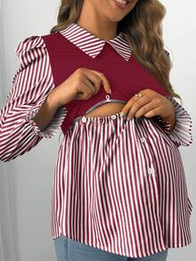SHEIN 女款條紋拼接 2 合 1 哺乳休閒日常上衣 - 紅白色 - 查看 4
