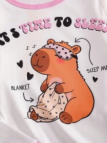 SHEIN 女童紧身裤和长袖睡衣，图案活泼可爱，面料柔软有弹性，适合儿童日常穿着 - 淺粉色 - 查看 3