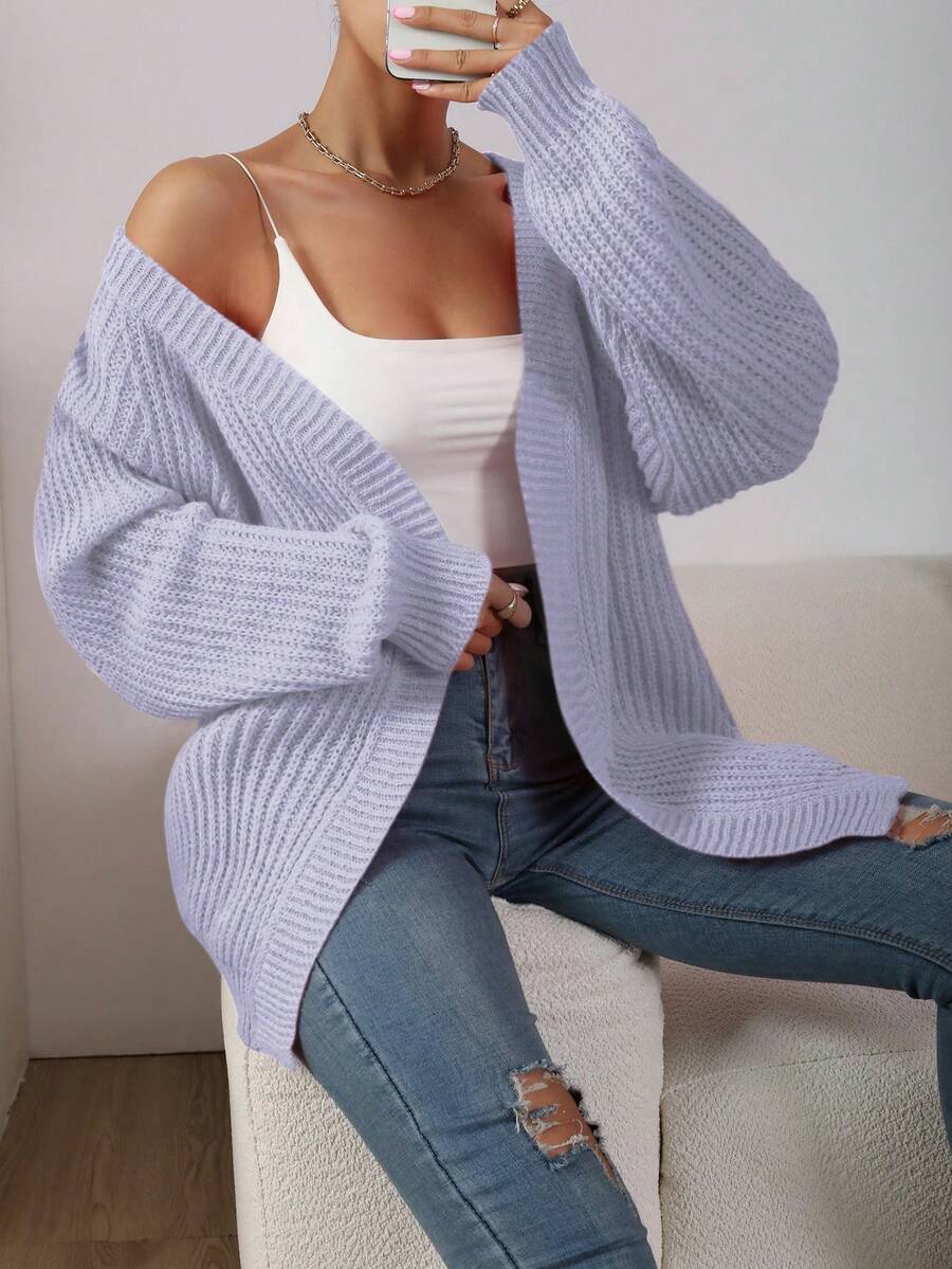 SHEIN LUNE 休閒百搭素色女款開襟羊毛衫 - 淡紫色 - 查看 1