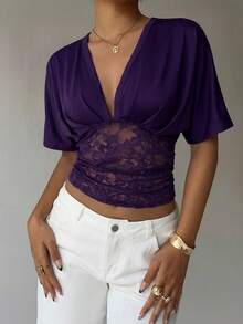 Aloruh Women's Spring/Summer Sexy Deep V-Neck Loose Top With Ruched Waist And Lace Patchwork T-Shirt - Purple - View 3