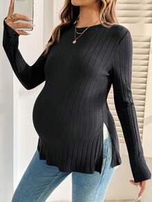 SHEIN 孕婦純色圓領長袖側開衩休閒T恤 秋季 - 黑色 - 查看 1