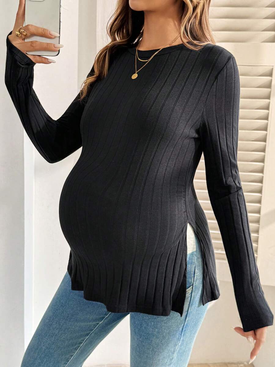 SHEIN 孕婦純色圓領長袖側開衩休閒T恤 秋季 - 黑色 - 查看 1