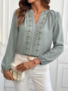 SHEIN Clasi Women's Elegant Romantic Decorative Ribbon Long Sleeve Blouse Teachers' Day Office Tea Party Sage Green Floral Summer - Green - View 5