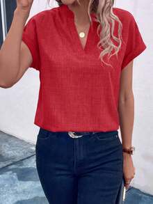 EMERY ROSE Summer Casual Solid Color Notch Collar Shirt - Red - View 3