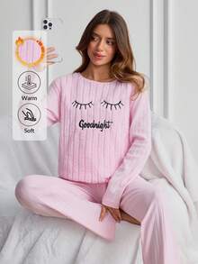 SHEIN Women 2pcs Pink Rib Knit& Fleece Eyelash Embroidery Long Sleeve Shirt & Long Pants Pajama Set - Baby Pink - View 7