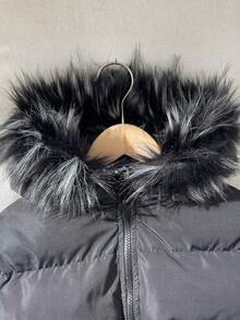 SHEIN 青少年女孩簡約舒適大廓型短版連帽加厚外套 - 黑色 - 查看 3