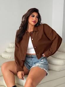 SHEIN EZwear 女款大尺碼純色休閒百搭日常長袖夾克 - 棕色 - 查看 5