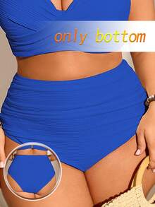Swim Chiccia Bikini de talla grande para mujer con tela acanalada, unicolor, fruncido y control de abdomen, adecuado para uso diario y de vacaciones en verano - Azul - Ver 2