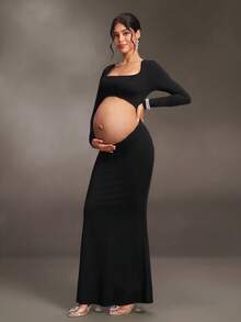 Cheriluna Maternity Maternity Solid Color Cutout Design Long Sleeve Summer Dress - Black - View 1