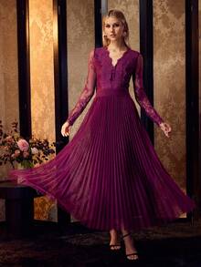 MOTF PREMIUM WOMEN'S ELEGANT SLIMMING WAIST LACE PATCHWORK PLEATED V-NECK A-LINE DRESS - Bold Plum - View 1