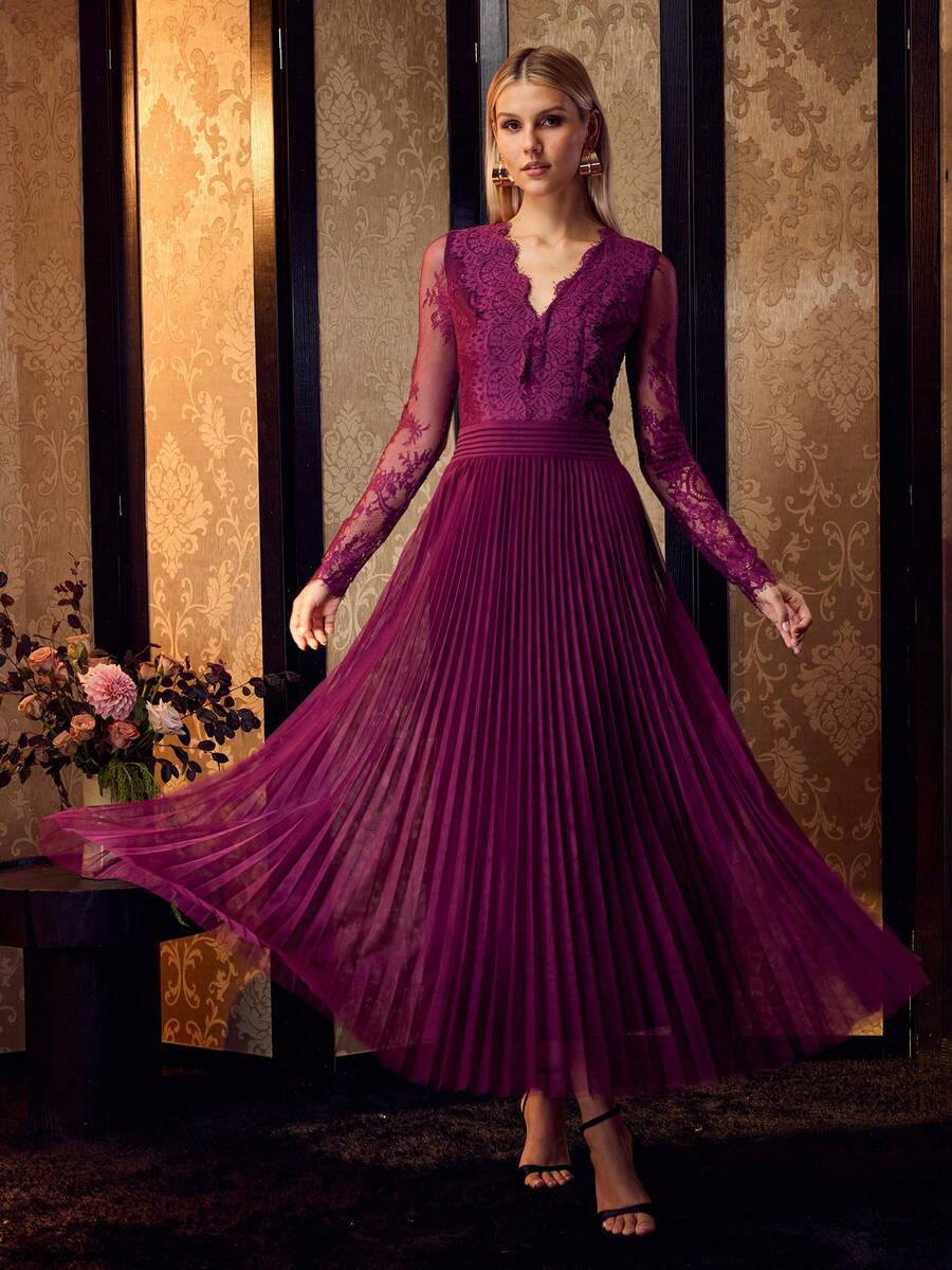 MOTF PREMIUM WOMEN'S ELEGANT SLIMMING WAIST LACE PATCHWORK PLEATED V-NECK A-LINE DRESS - Bold Plum - View 1