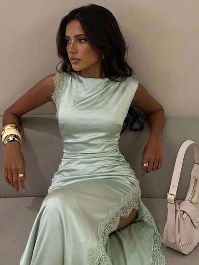 Firerie Women's Elegant Sexy Romantic Dinner Party Minimalist Lace Patchwork Waist-Cinching Pleated Slit Sleeveless Sage Green Satin Dress Wedding Summer