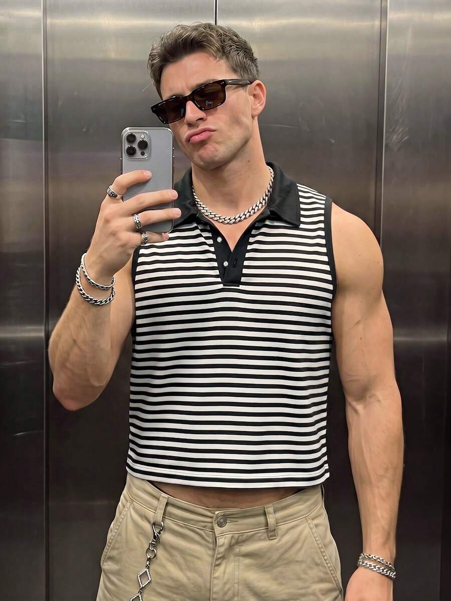 Manfinity Dauomo 男士時尚百搭黑白條紋拼接半開襟鈕扣背心 度假假期夏季街頭休閒風 - 黑與白 - 查看 1