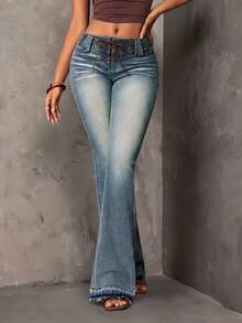 SHEIN SXY Celana Jeans Denim Flare Wanita Pinggang Sangat Rendah dengan Tali Pengikat Lubang Kancing - Biru - View 2