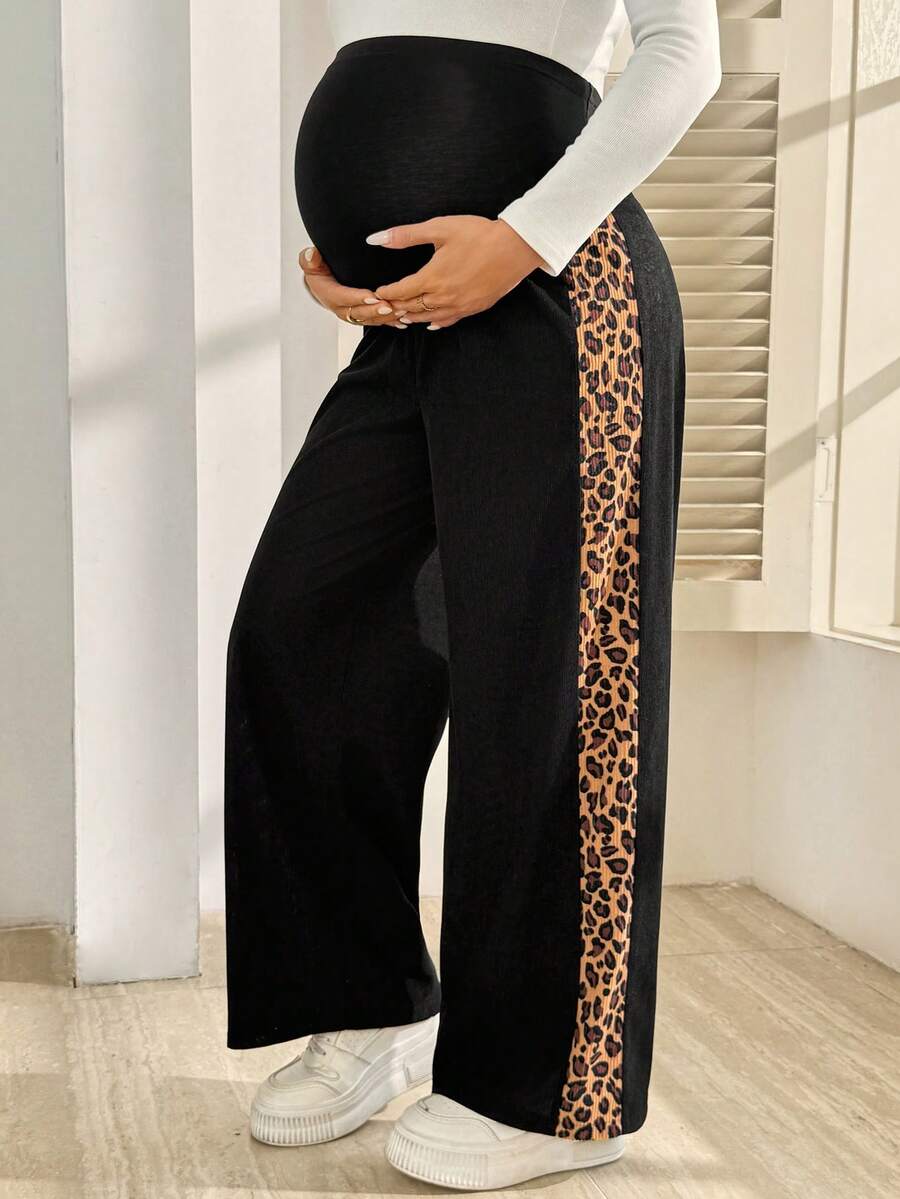 SHEIN Maternity Side Patchwork Leopard Print Adjustable Waist Long Pants Fall - Multicolor - View 1