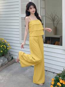 Livesso Women's 2 Pieces Summer Holiday Set With Yellow Ruffle Camisole Top And Casual Long Pants Thin Clothing - Yellow - View 5