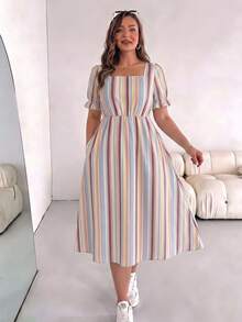 SHEIN Essnce Vestido de talla grande con rayas, bloques de color, cuello cuadrado y bolsillo - Multicolor - Ver 4