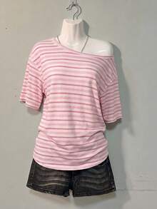 SHEIN EZwear 休閒簡約條紋粉色印花女款不對稱肩T恤 - 彩色 - 查看 7