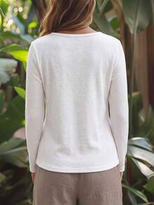 SHEIN LUNE Women's Solid Color Button Design Round Neck Long Sleeve Casual T-Shirt - White - View 2