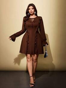Viva Relle Plus Size Women's Solid Color Collar Patchwork Ruffle Hem Fashion Dress - Brown - View 5