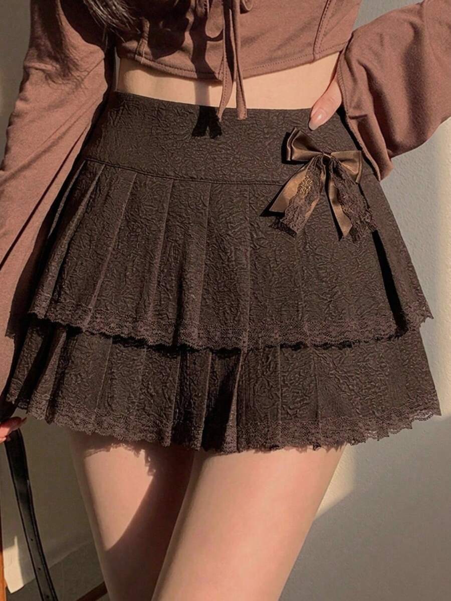 DAZY 女款蝴蝶結裝飾對比蕾絲百褶裙 - 棕色 - 查看 1