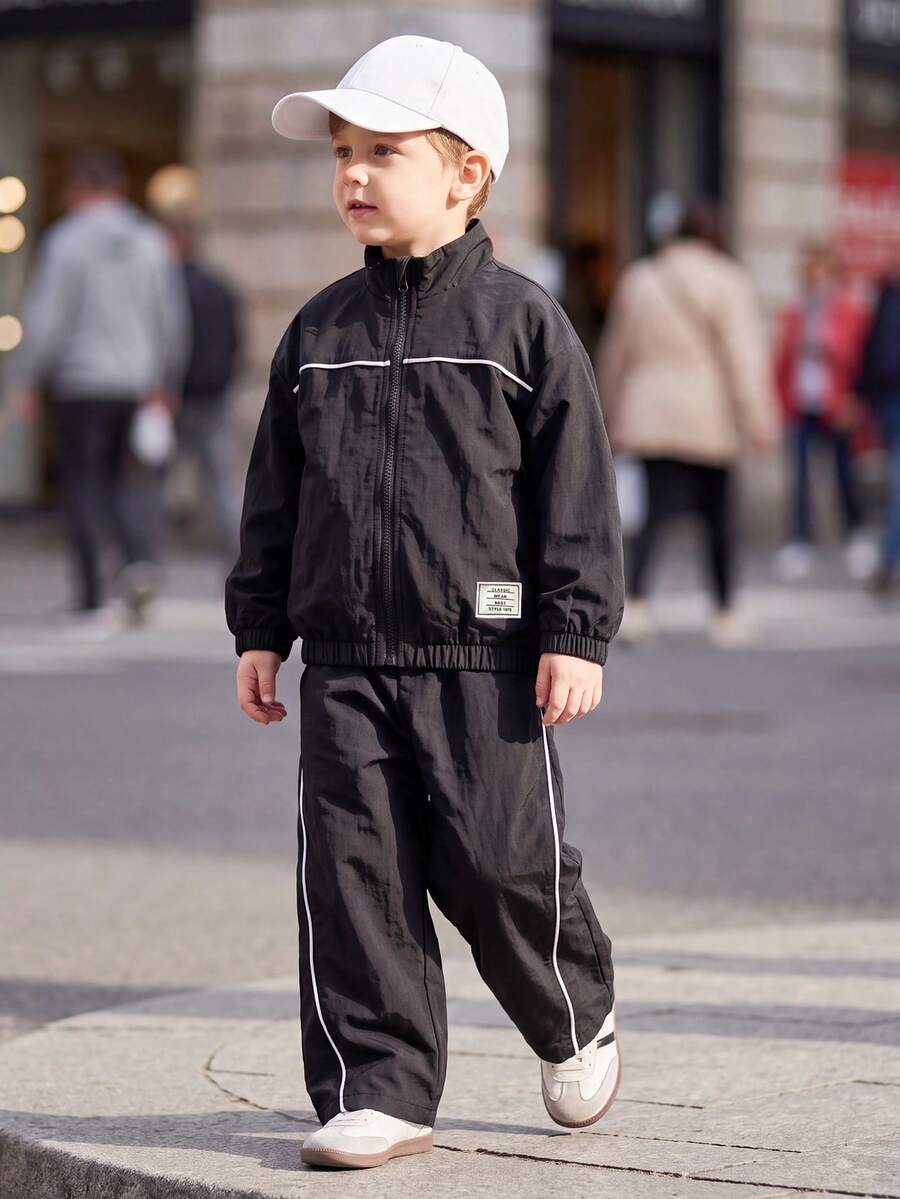Chaqueta de unicolor para niños con ribete de cinta + Pantalones de pierna recta de unicolor con ribete de cinta - Negro - Ver 1